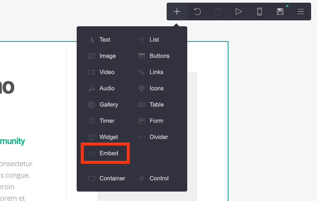 Choose an Embed element on Carrd.